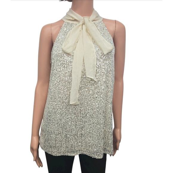 NWT Calvin Klein Sequin Top Blouse Size M Sleeveless Tie Front Halter neck Cream - Picture 2 of 13